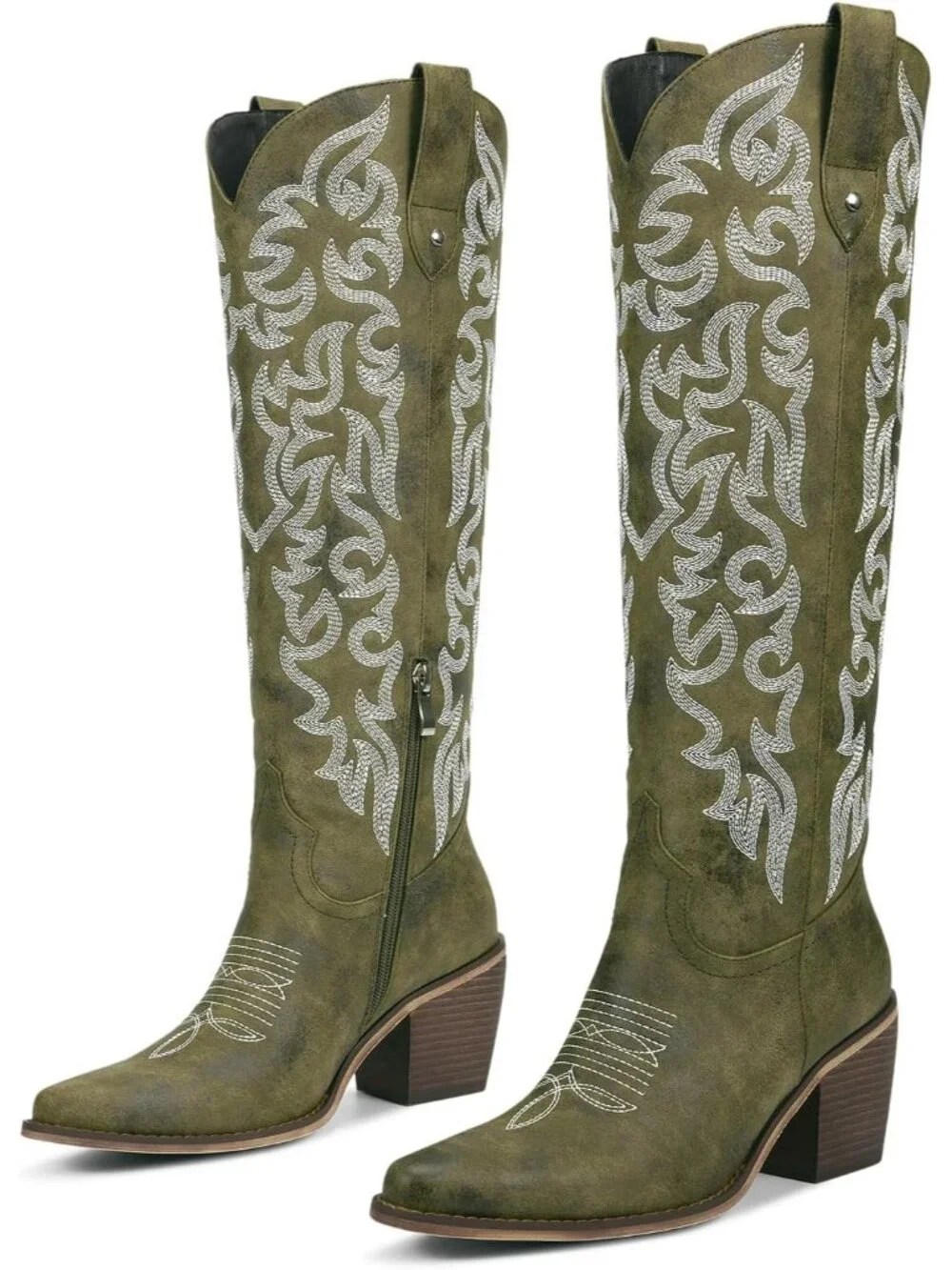 Women's Army Green Knee High Cowboy Boots Chunky Heel Leather Chunky Heel Pull
